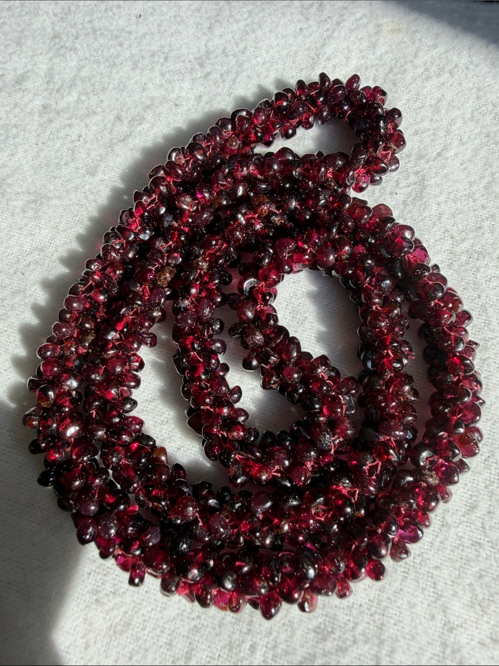Vintage Oriental woven long necklace of round Garnet beads woven in gourd stitch